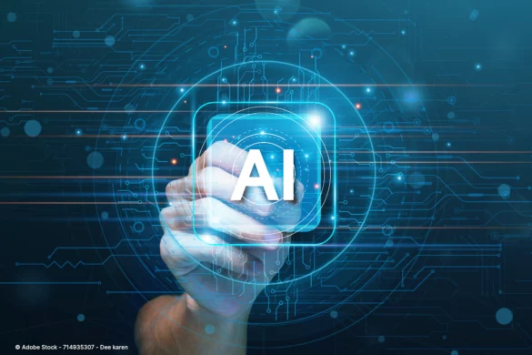 Eine Hand berührt eine leuchtende KI-Schaltfläche vor digitalem Netzwerkhintergrund und symbolisiert innovative Möglichkeiten beim Haus planen mit KI.